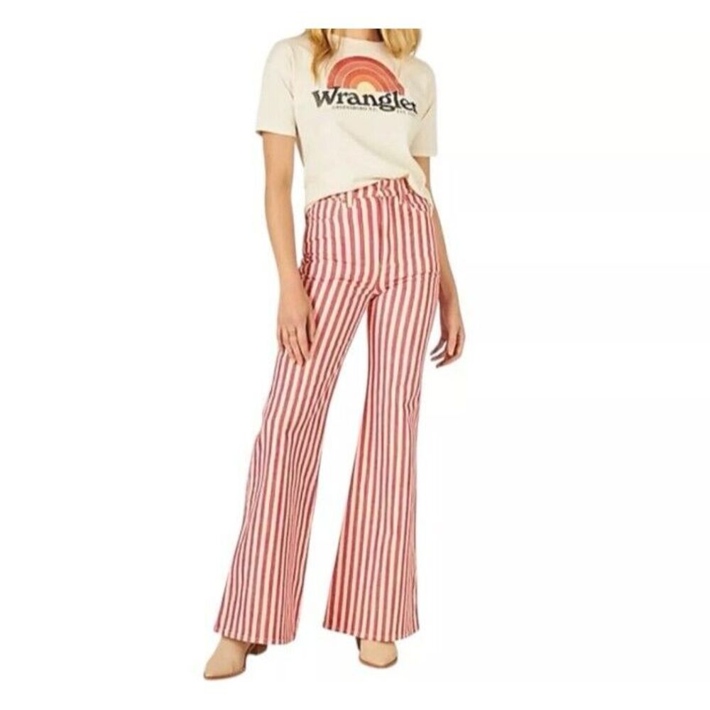 Wrangler Red & White Striped High-Rise Flare Jeans